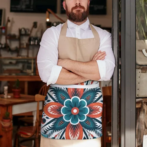 Vista 8 de Server Aprons with 3 Pockets Waist Apron Waterproof Half Apron Flower Decorative Pattern Short Cooking Aprons Bib