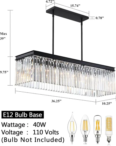 Vista 5 de Candelabro rectangular de cristal, candelabro negro grande y moderno de 6 luces, colgante ajustable, lámparas colgantes de lujo para comedor