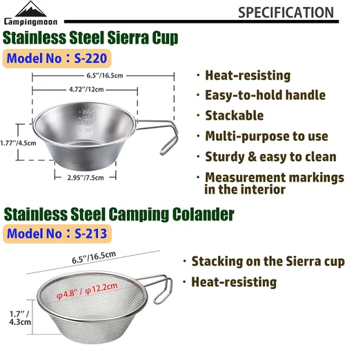 Vista 2 de CAMPINGMOON 1pc Acero Inoxidable Camping Sierra Copa 10.5 fl oz con 1pc Colador S-220/S-213