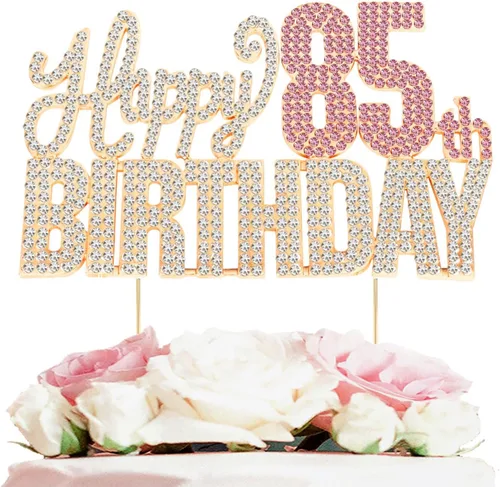 Vista 33 de Decoración de pastel de diamantes de imitación rosa y plateado con texto en inglés "Cheers to 11 Years Old Eleven Bday" de metal brillante