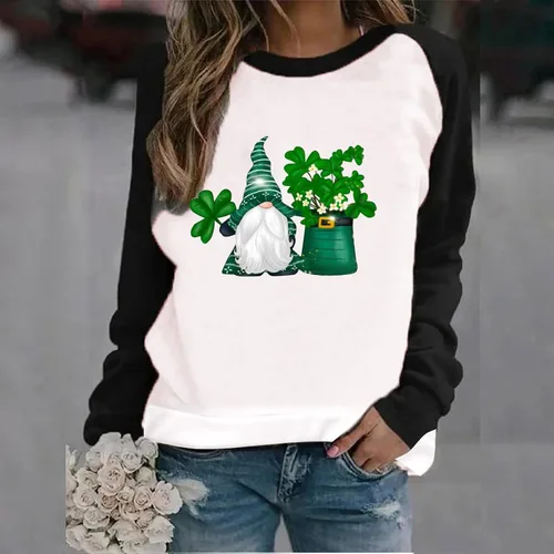 Vista 2 de St Patricks Day Sweatshirts for Women Raglan Sleeve Clover Shirt Cute Gnome Graphic Pullover Casual Loose Baseball Tee