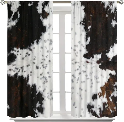 Vista 3 de Cortinas Opacas de Piel de Vaca Estilo Granja Rústico Occidental Marrón Negro Blanco Estampado Artístico de Piel de Vaca para Niños Chicos Hombres