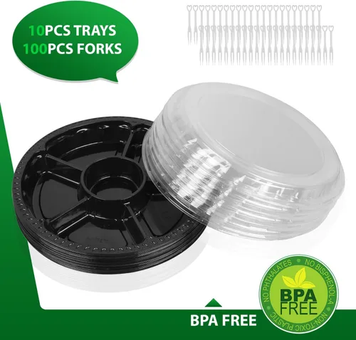 Vista 3 de Bandeja de plástico para aperitivos con tapa, resistente, reciclable de 12 pulgadas, bandejas para aperitivos de frutas vegetarianas, recipientes