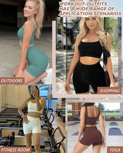 Vista 3 de AURUZA Conjunto de traje de entrenamiento para mujer, 2 piezas, leggings de cintura alta acanalados sin costuras con brasier deportivo, conjuntos