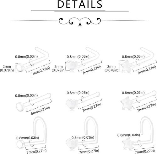 Vista 2 de Piercing para la nariz con pin de hueso Bioflex transparente de 0.71 oz, 0.71 oz, 0.71 oz, para mujeres y hombres