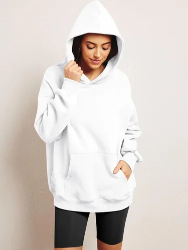 Vista 4 de Trendy Queen Sudaderas de gran tamaño con capucha de forro polar para mujer, camisas de manga larga, ropa de otoño con bolsillo