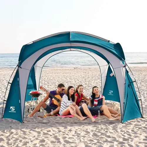 Vista 9 de UNICAMPER Tienda de playa de 12 x 12 pies, toldo desplegable grande UPF50+ con pared lateral de 2 piezas, refugio solar resistente a la lluvia