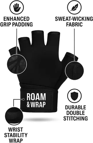 Vista 2 de Roam & Wrap Guantes de levantamiento de pesas con muñequeras – Guantes de gimnasio extra acolchados y ventilados para hombres y mujeres – Ideal