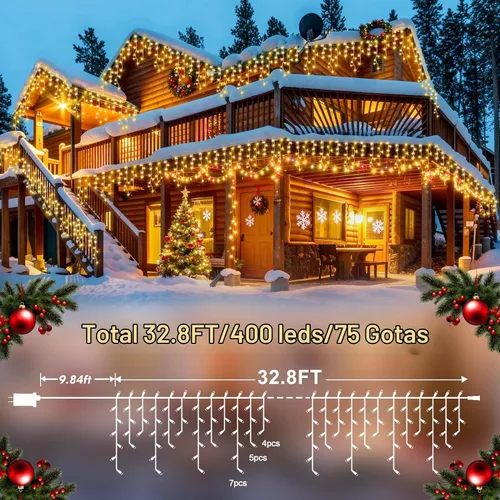 Vista 8 de Guirnalda de 400 luces LED con 75 gotas, de 33 pies, 8 modos de funcionamiento, de alambre transparente para decoración al aire libre, 400 modos