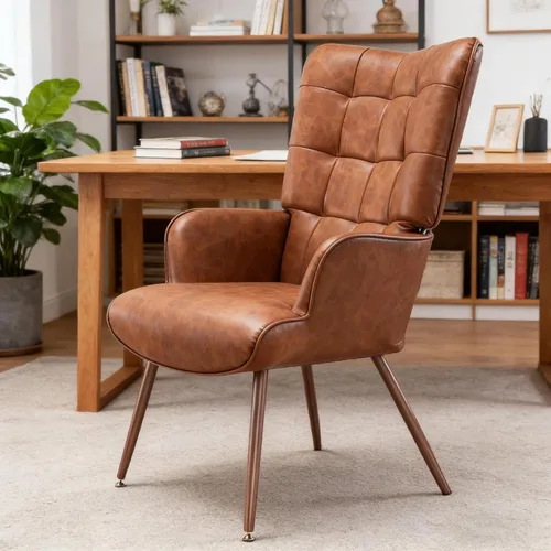 Vista 3 de Bafode Silla decorativa de piel sintética moderna de mediados de siglo con respaldo alto Cómodo sillón de lectura con rejilla con capacidad de 300