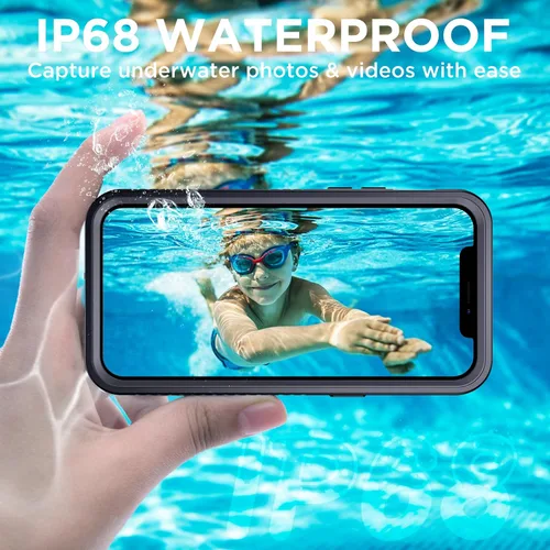 Vista 3 de Funda impermeable para iPhone 12, IP68 bajo el agua, a prueba de caídas, polvo y real 360, antideslizante, resistente, resistente, a prueba de Negro