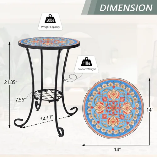 Vista 3 de VCUTEKA Mesa auxiliar de mosaico para exteriores, mesa de patio, mesa de decoración de mosaico, marco de metal, mesas auxiliares pequeñas, porche