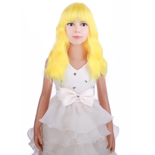 Vista 5 de PATTNIUM Peluca amarilla para niños, peluca corta ondulada amarilla con flequillo para niños, peluca amarilla sintética para niñas, cosplay, fiesta