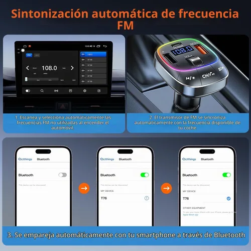 Vista 7 de Redroman Adaptador de coche USB C Bluetooth 5.4 para llamadas manos libres y carga rápida de 48 W, transmisor FM inalámbrico receptor de audio