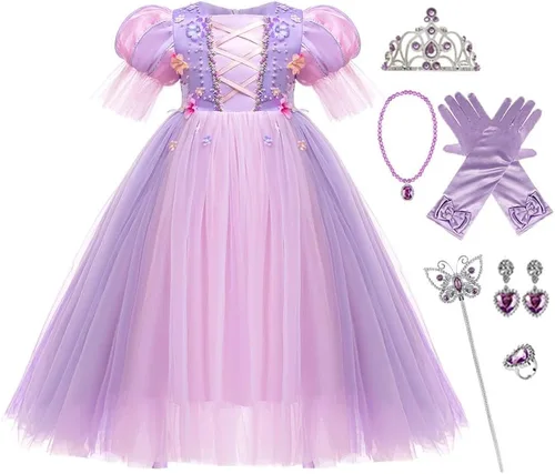 Vista 64 de Disfraz de princesa Sofía Rapunzel para niñas, disfraz de Halloween, Navidad, cumpleaños, fiesta con accesorios