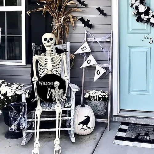 Vista 3 de Decoraciones de Halloween, corona, calavera de Halloween, letrero de bienvenida para puerta, decoración rústica de madera de vacaciones para puerta
