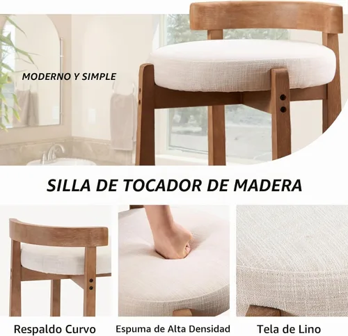 Vista 7 de HEAH-YO - Silla de tocador de madera con respaldo, pequeño taburete con reposapiés tapizado en lino, silla de maquillaje de estilo moderno