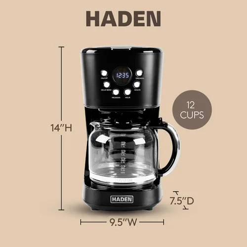 Vista 4 de Máquina de Café Haden, Cafetera de Goteo Programable de 12 Tazas con Función de Apagado Automático y Filtro de Agua Reutilizable Lavable, Negro