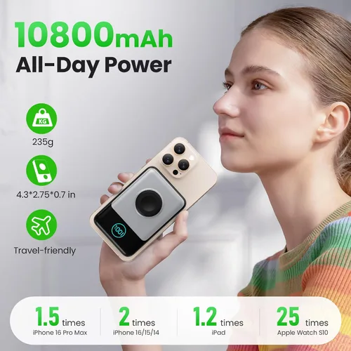 Vista 3 de Cargador portátil magnético para iPhone, Banco de energía inalámbrico Qi2 de 10800mAh y 15W con cargador para iWatch, Paquete de batería de viaje