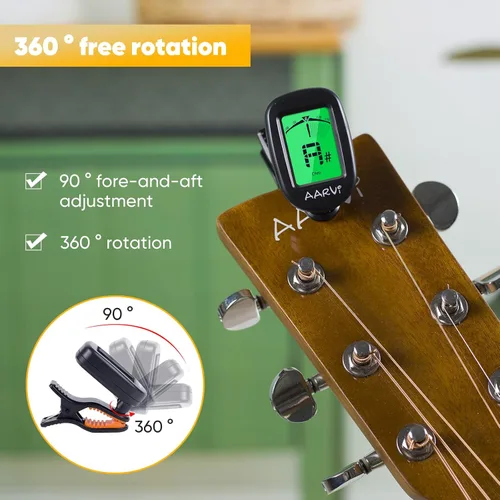 Vista 5 de AARVI Afinador de guitarra con clip para todos los instrumentos, guitarra acústica/eléctrica, ukelele, bajo, violín, banjo, pantalla LCD grande