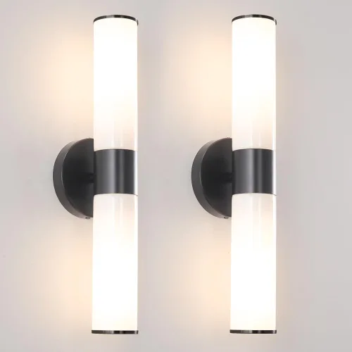 Vista 10 de Juego de 2 apliques de pared de níquel cepillado (solo cableado), lámparas de tocador de baño, modernas luces de pared cilíndricas de vidrio