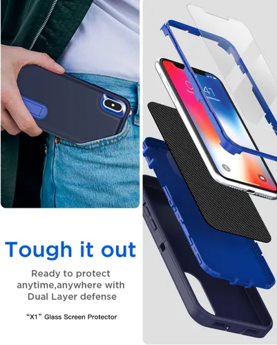 Vista 5 de AICase Funda para iPhone X/XS con soporte integrado con protector de pantalla de vidrio, protección contra caídas de alta resistencia, cuerpo