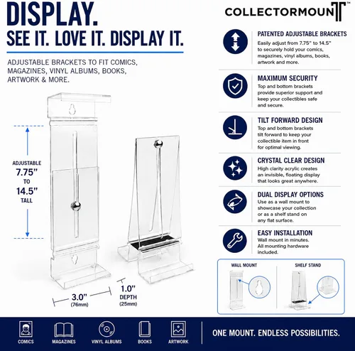 Vista 2 de CollectorMount Soporte para cómic, 5 unidades, soporte para cómics o exhibición de montaje en pared, invisible y ajustable Patented Adjustable