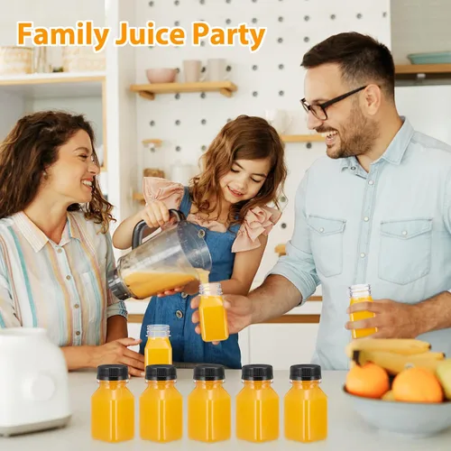 Vista 5 de Gerrii 75 botellas de plástico para jugo de 4 onzas con tapa, pequeñas botellas transparentes reutilizables con tapas, recipientes a granel, aptas