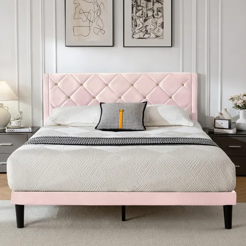 Vista 8 de Base de cama de plataforma de tamaño matrimonial con cabecera de terciopelo, soporte de listones de madera resistente, base de colchón, no requiere