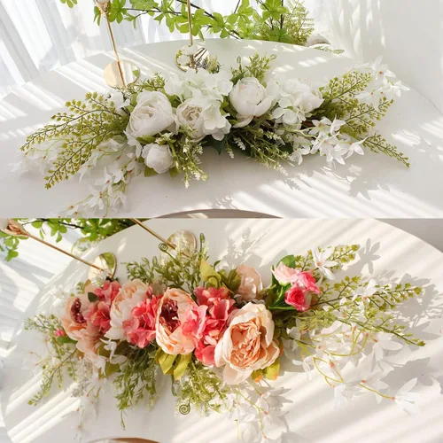 Vista 8 de Guirnalda de flores artificiales de peonía para puerta delantera, flores de arco de boda, 29.5 pulgadas con hortensia para dintel, boda, arco Naranja