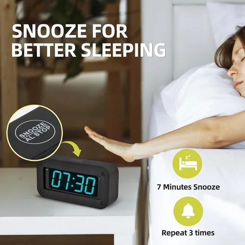 Vista 5 de Reloj digital con pilas, reloj despertador con pantalla LED para dormitorio, incluye cable de CC, brillo ajustable, repetición, 12/24 horas