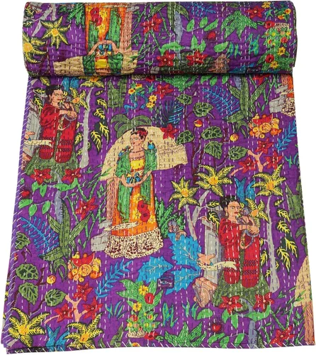 Vista 8 de Marubhumi Colcha de algodón puro Kantha con diseño tradicional indio de Farida (beige, individual (60 x 90 pulgadas)