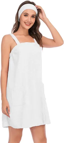 Vista 120 de Veseacky Toalla de baño para mujer con bolsillo, bata de spa ajustable y diadema facial