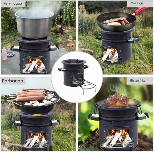 Vista 6 de Estufa de camping Lineslife Rocket de leña portátil para cocinar, estufa de madera para acampar al aire libre con bolsa de transporte