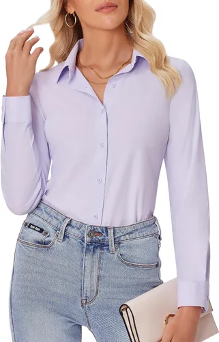 Vista 26 de siliteelon Camisas con botones para mujer, ajustadas, de manga larga, elásticas, de vestir, camisas de trabajo, sin arrugas, blusas de oficina