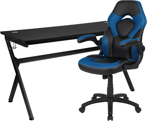 Vista 45 de Flash Furniture Juego de escritorio para juegos negro y silla de carreras blanco/negro con soporte para tazas, gancho para auriculares y soporte
