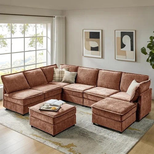 Vista 18 de HULALA HOME Sofá seccional modular, sofá grande en forma de U de 8 asientos con otomano de almacenamiento, sofá cómodo de chenilla con asiento