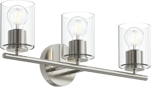 Vista 35 de Progress Lighting Lámpara moderna de tocador de baño de cristal blanco grabado con 4 luces, colección Replay, níquel cepillado (P2160-09)