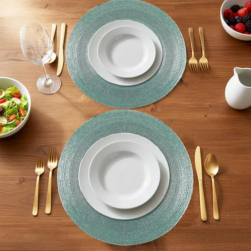 Vista 5 de Manteles individuales de 13 pulgadas con cuentas redondas para mesa de comedor - Manteles decorativos con cuentas de vidrio y respaldo de algodón