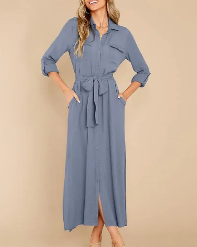 Vista 2 de Fekermia Vestido de camisa con botones para mujer, vestido de manga larga enrollable, con cinturón, con bolsillos