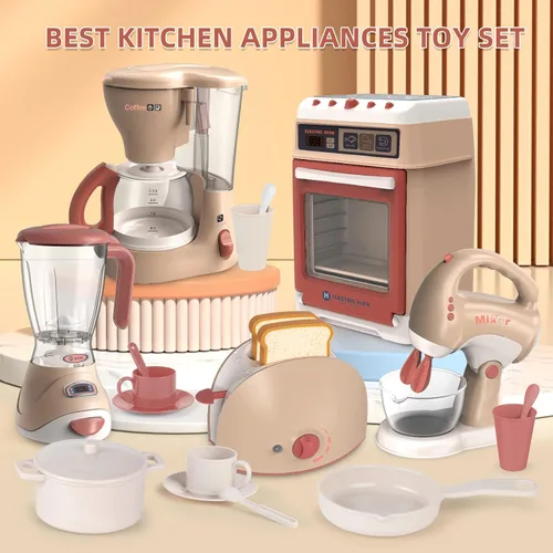 Vista 9 de Yalujumb Juego de juguetes de cocina, juego de electrodomésticos de cocina con cafetera, mezclador, tostadora con luces y sonidos realistas, regalo
