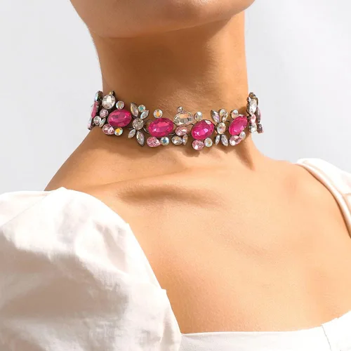 Vista 2 de Jumwrit Collar de gargantilla de diamantes de imitación de colores, collar de cadena gruesa brillante para fiesta de graduación, joyería