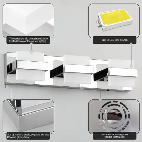 Vista 7 de SOLFART Lámpara de baño cromada de 3 luces, luz de tocador sobre el espejo, lámparas LED modernas, 5 colores de temperatura ajustable moderna