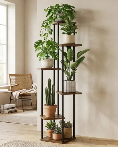 Vista 11 de GENTINGBRO Soporte alto para plantas de interior de 4 niveles para múltiples plantas, soporte de madera para plantas, estante de madera, estantería