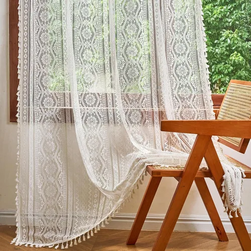 Vista 23 de MYSKY HOME Cortinas de encaje beige para puerta francesa de 40 pulgadas de largo, 2 paneles de cortinas florales bohemias transparentes para puerta