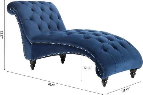 Vista 2 de Chaise Lounge para interiores de 63 pulgadas con botón capitoné sin brazos para sala de estar y dormitorio, respaldo ergonómico refinado moderno Azul
