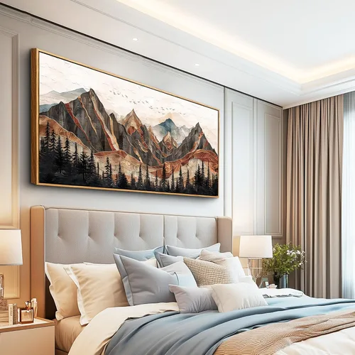 Vista 5 de XIGUANGART Arte de pared enmarcado de montaña, decoración de pared de montañas horizontales largas, pintura de pared de naturaleza de pinos