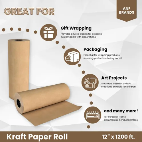 Vista 4 de ANF Brands (12 pulgadas x 1200 pies) - Papel kraft natural para embalaje, envío, llenado de vacíos y proyectos de arte para niños, 30 libras.