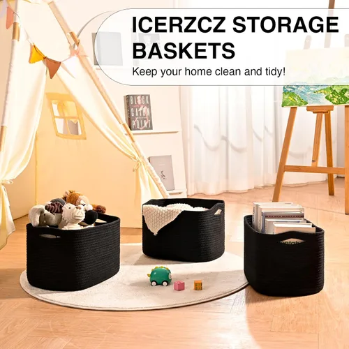 Vista 6 de ICERZCZ Cestas de almacenamiento negras para organizar estantes, cesta de juguetes para guardería, cesta de cuerda de algodón tejida