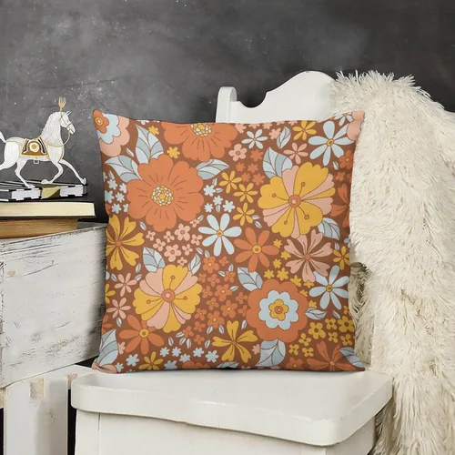 Vista 3 de Juego de 2 fundas de almohada florales retro de los años 70, Groovy Funky Hippie Flor Naranja Estética Boho Fundas de Almohada de 16 x 16 pulgadas